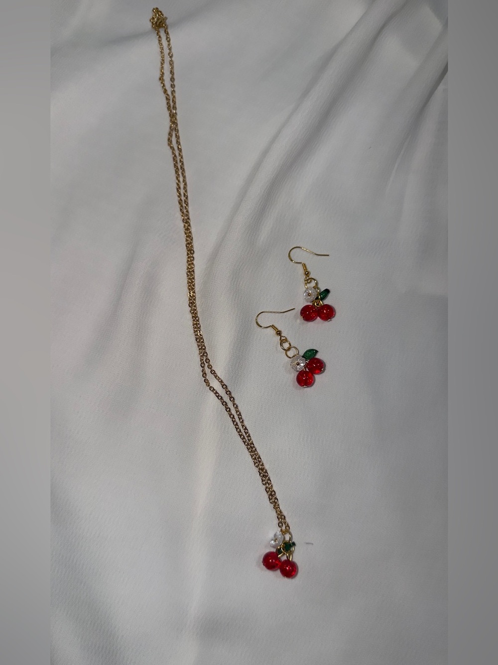 Gold-Tone Cherry Pendant Necklace with Matching Earrings - Red